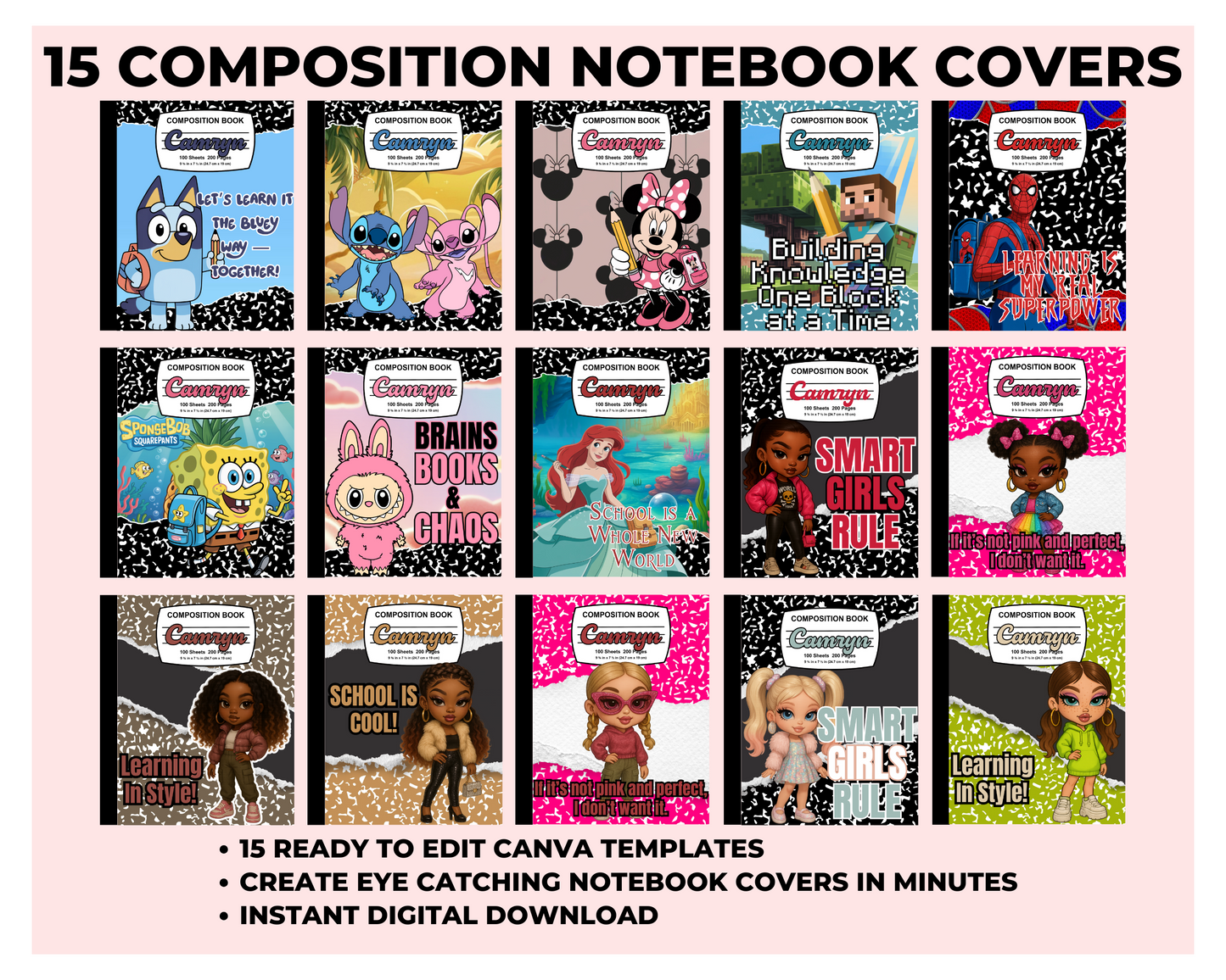 15 Canva Composition Notebook Cover Bundle | Editable Back to School Templates | Printable Digital Download for Kids & Teens