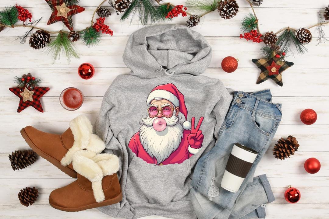 Santa With Sunglasses | Retro Santa Blowing Bubble Christmas PNG | Holiday Sublimation Digital Download | Christmas Shirt PNG | Santa Peace