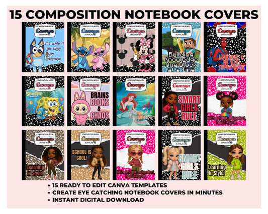 15 Canva Composition Notebook Cover Bundle | Editable Back to School Templates | Printable Digital Download for Kids & Teens