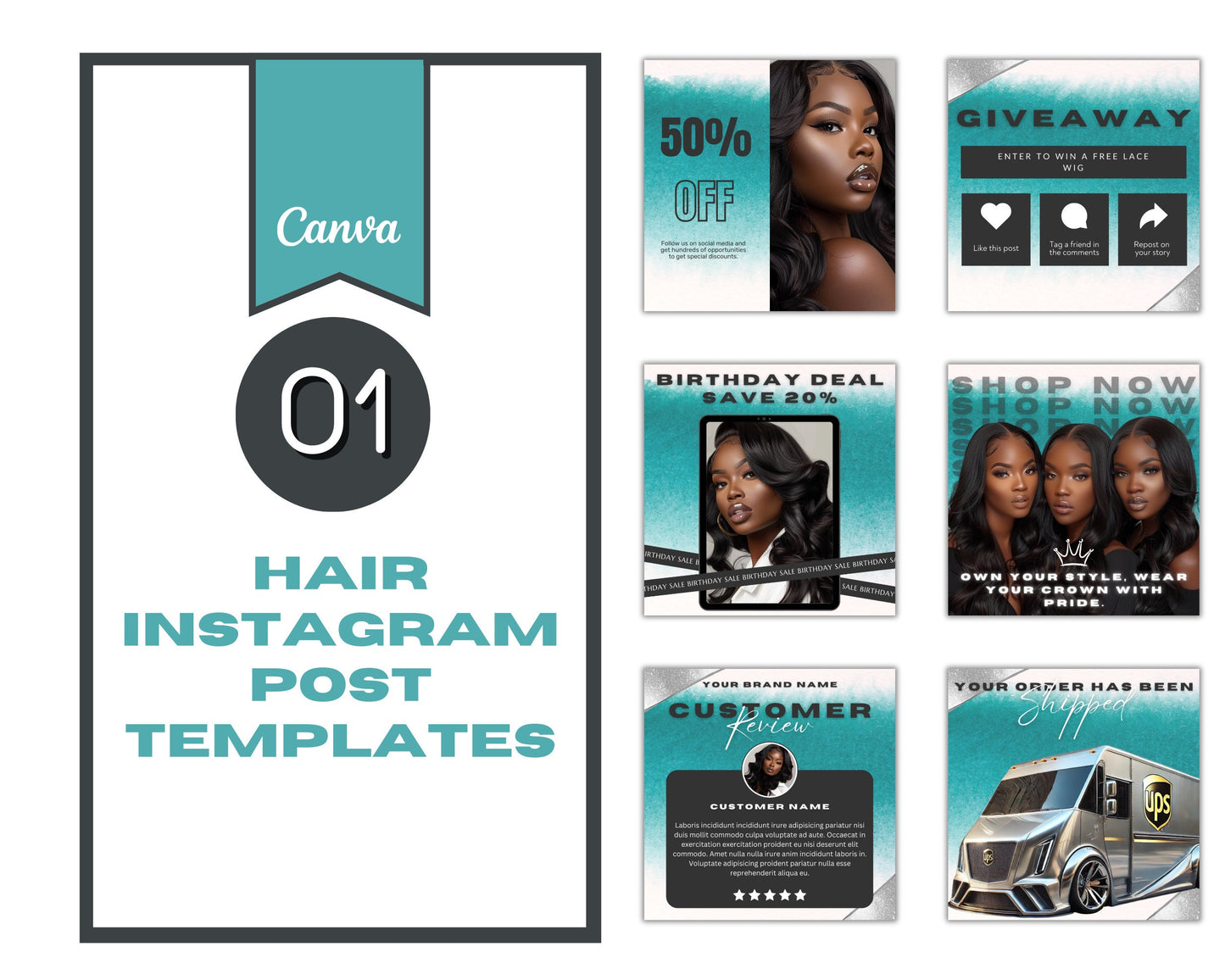 23 Instagram Branding Teal Hair Templates, Editable in Canva.