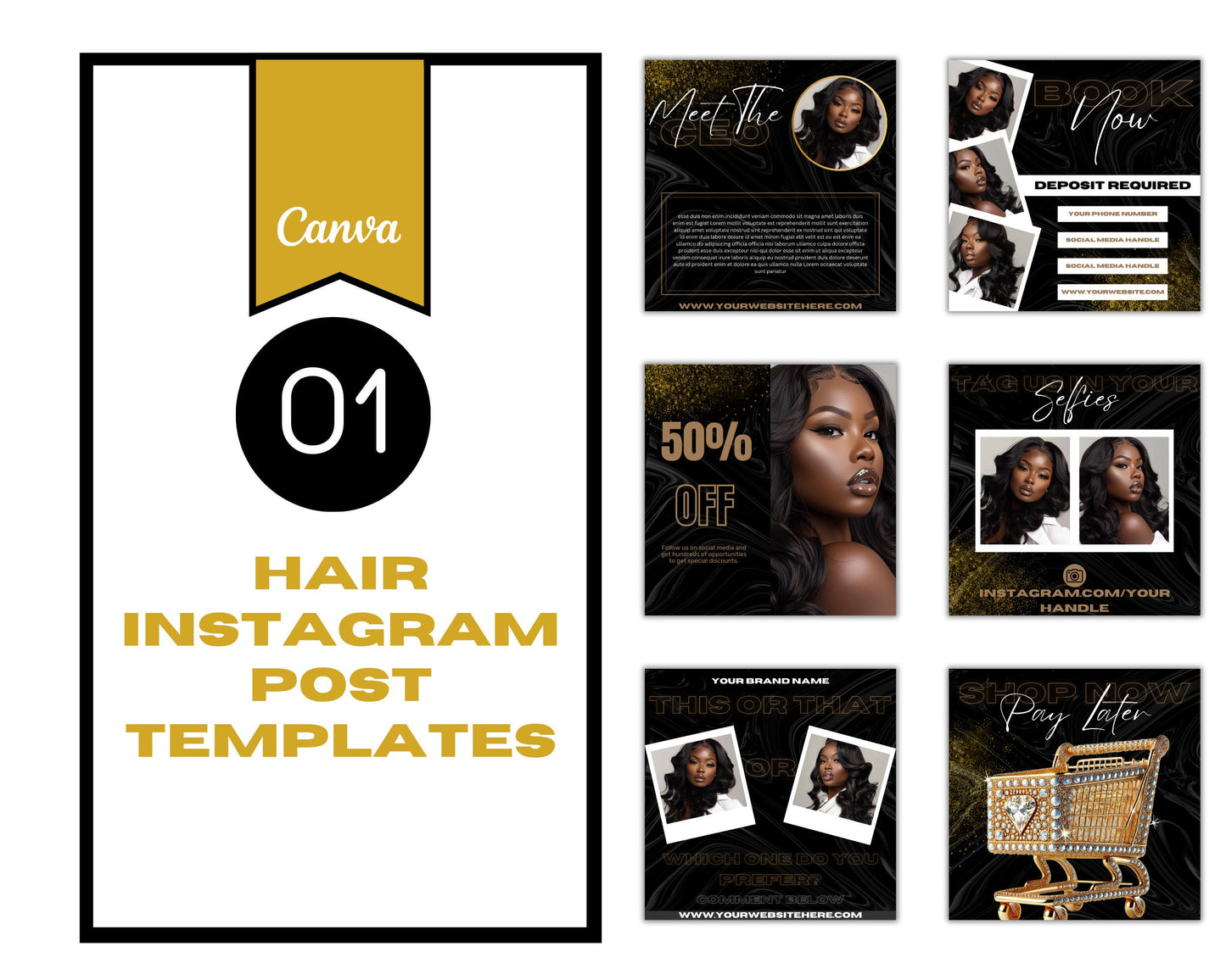 23 Instagram Branding Luxury Black and Gold Hair Templates, Editable in Canva.