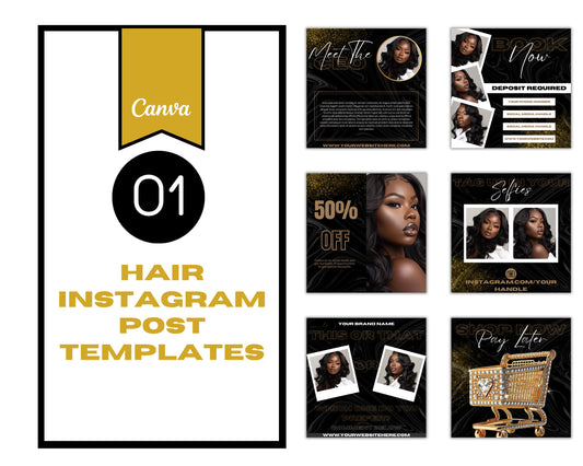 23 Instagram Branding Luxury Black and Gold Hair Templates, Editable in Canva.