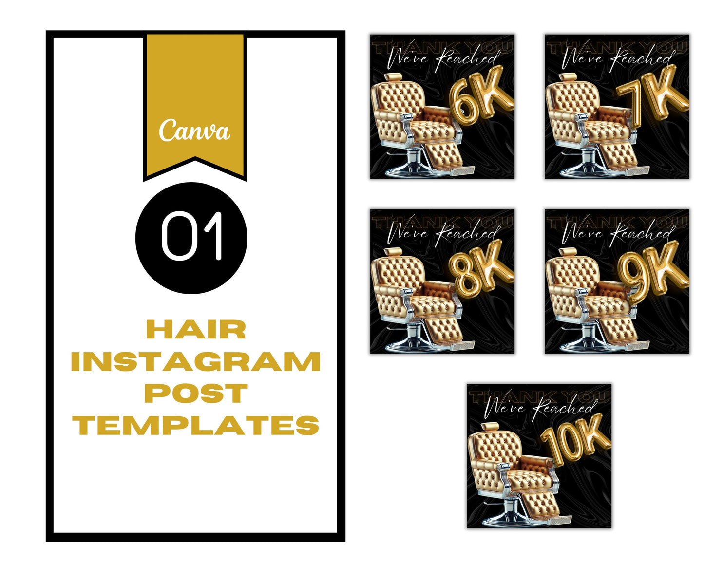 23 Instagram Branding Luxury Black and Gold Hair Templates, Editable in Canva.