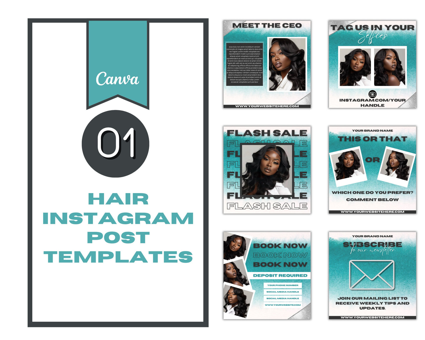 23 Instagram Branding Teal Hair Templates, Editable in Canva.