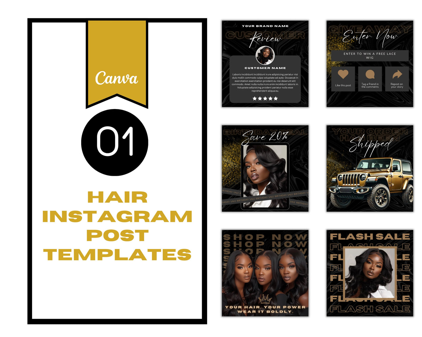 23 Instagram Branding Luxury Black and Gold Hair Templates, Editable in Canva.