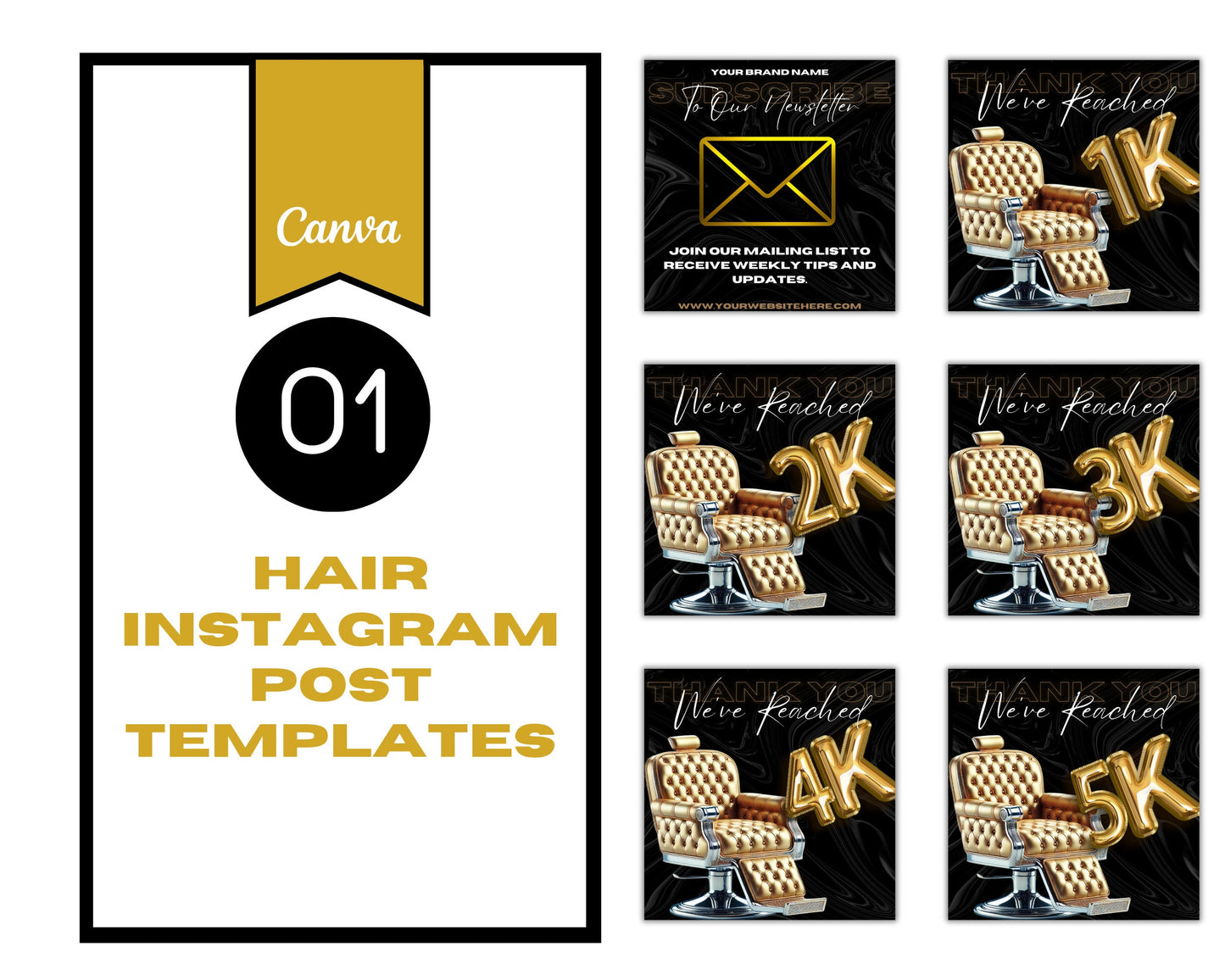 23 Instagram Branding Luxury Black and Gold Hair Templates, Editable in Canva.